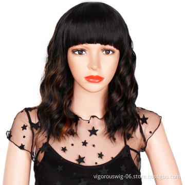 Vigorous Wavy Bob Wig with Bangs for Women Black Mixed Brown Color Synthetic Heat Resistant Fiber Hair for Black Women
